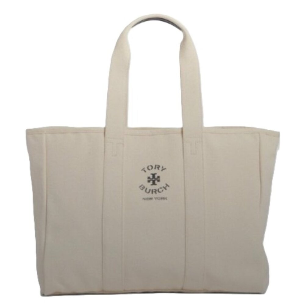 NWT Tory Burch Large Beige Canvas Tote with Navy Leather Trim